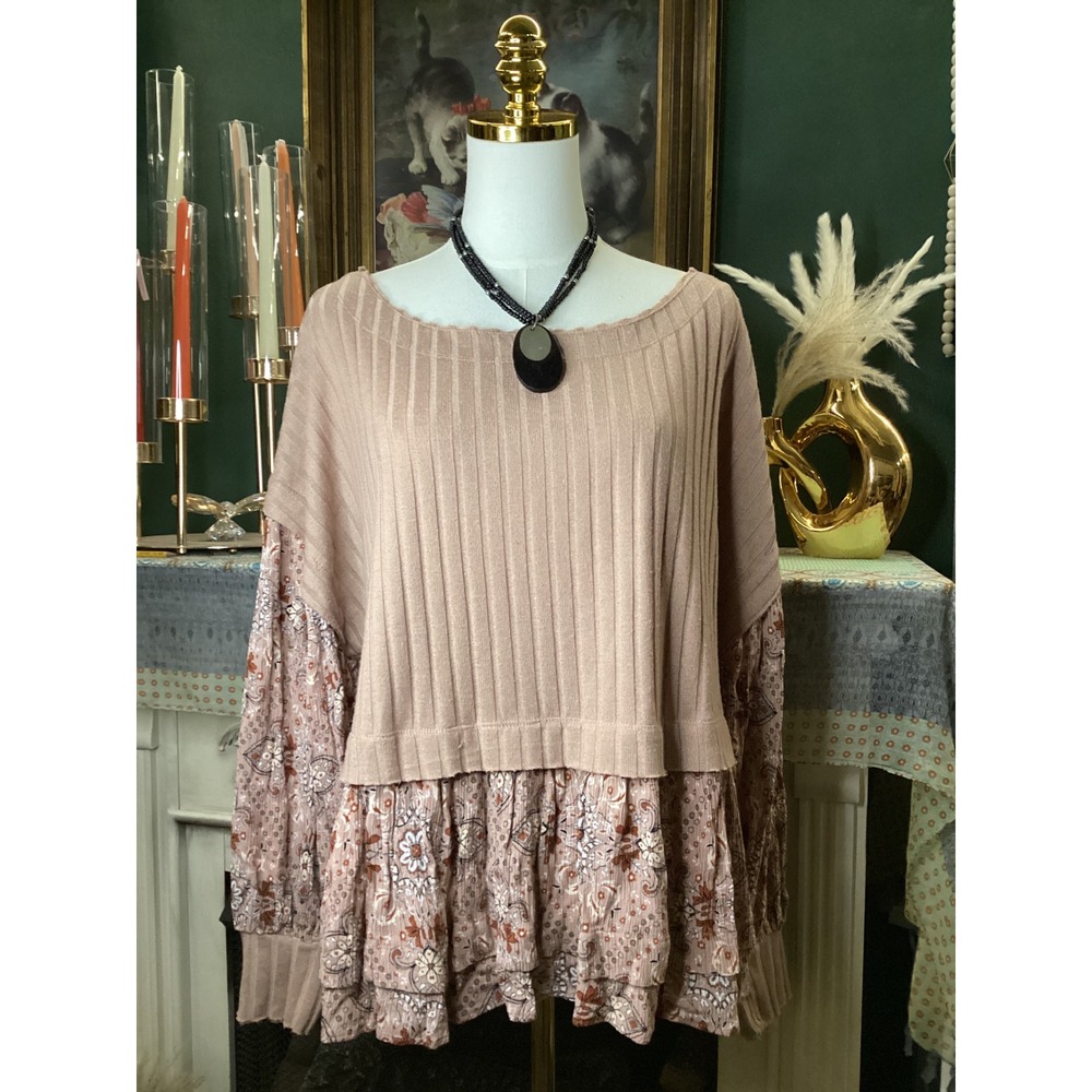 Gimmicks BKE Ribbed Mixed Media Floral Peplum Top Mauve Medium HFL1265